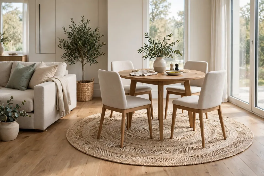 Round rug under a round dining table in a corner of a living dining room, chairs still on the rug when pulled out.