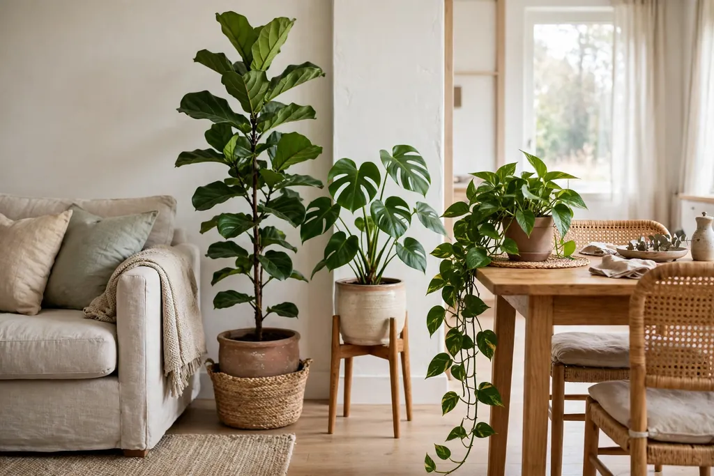 Group of plants in mixed heights placed where a sofa area meets a dining table, softening the boundary.