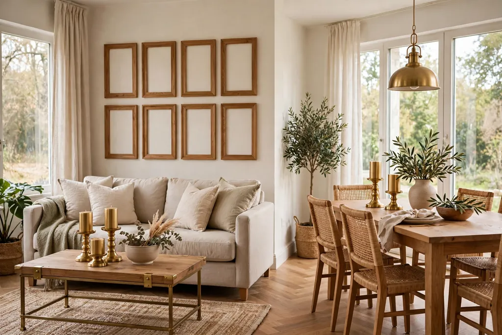 Living dining room with matching picture frames, candle holders, and one metal finish in both zones.