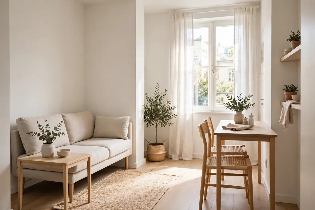 Small living dining room furnished with slim apartment scale furniture, a two seat sofa and a narrow dining table, with clear walkways.