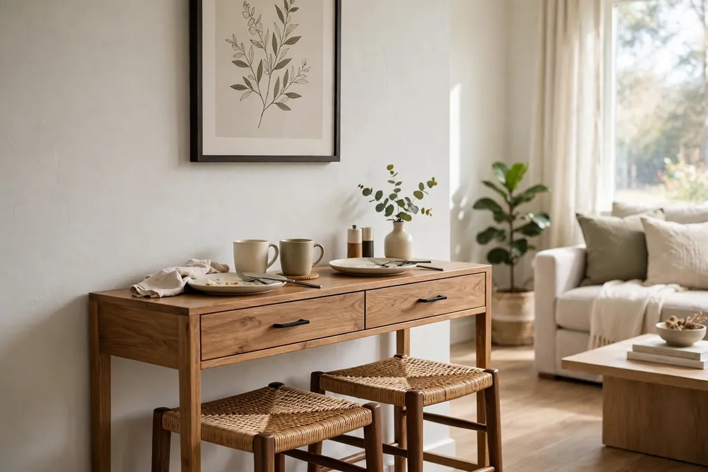 Narrow console table against a wall used as a dining spot for two, with stools slid underneath.