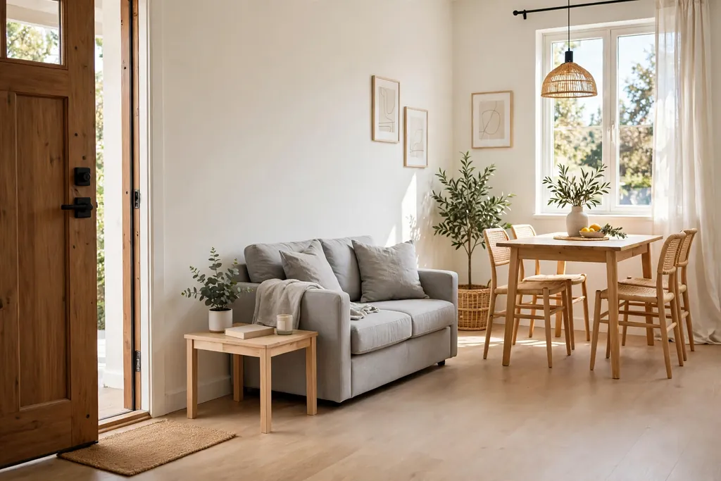 Small living dining room with a clear marked walkway from the door past the sofa to the dining table, no furniture blocking the path.