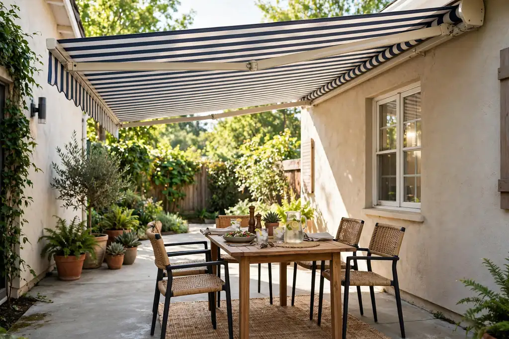 Concrete patio covered by a retractable striped awning with chairs and a table in shade.