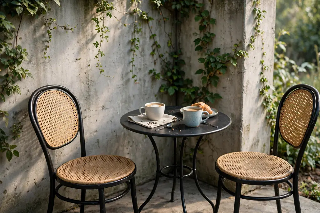 Concrete patio corner with a small round bistro table