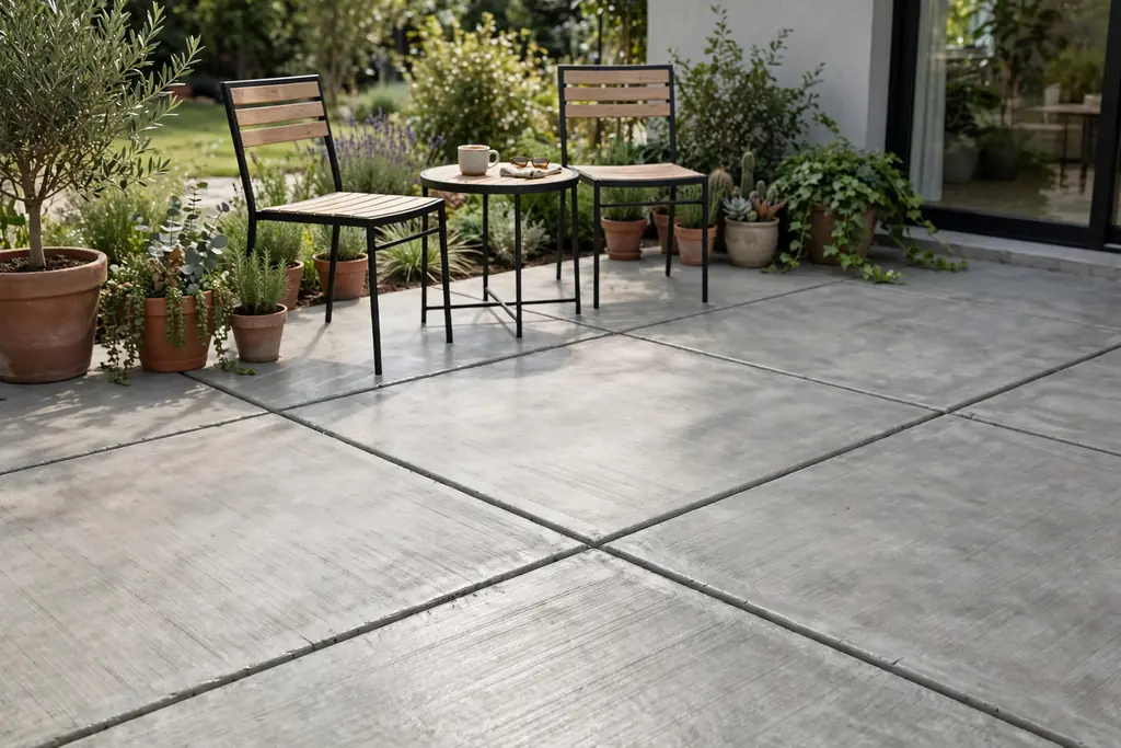Brushed concrete patio with neat saw-cut joints