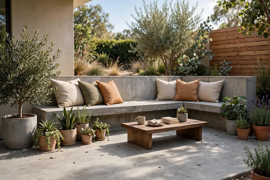 Concrete patio with a built-in concrete bench wall