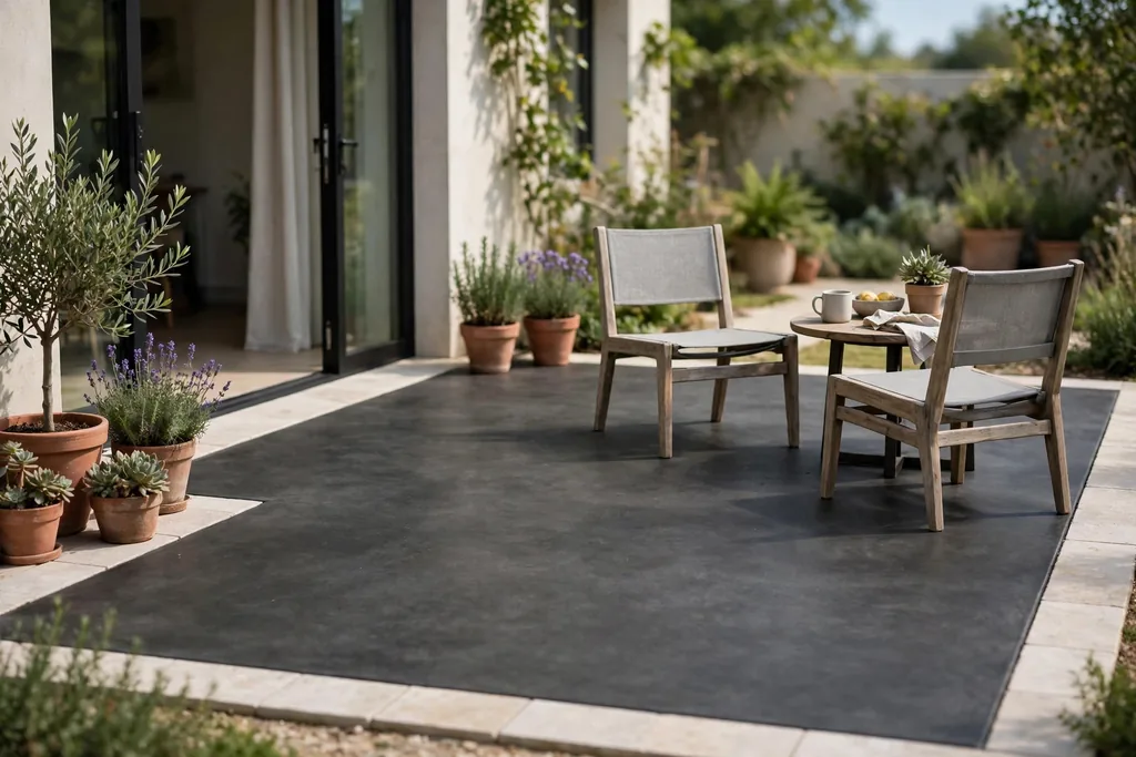 Dark charcoal concrete patio with a pale stone border band and simple seating.