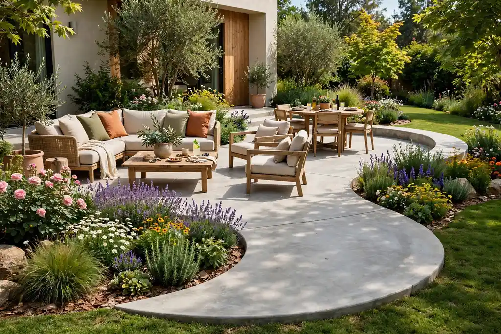 Curved freeform concrete patio with rounded edges