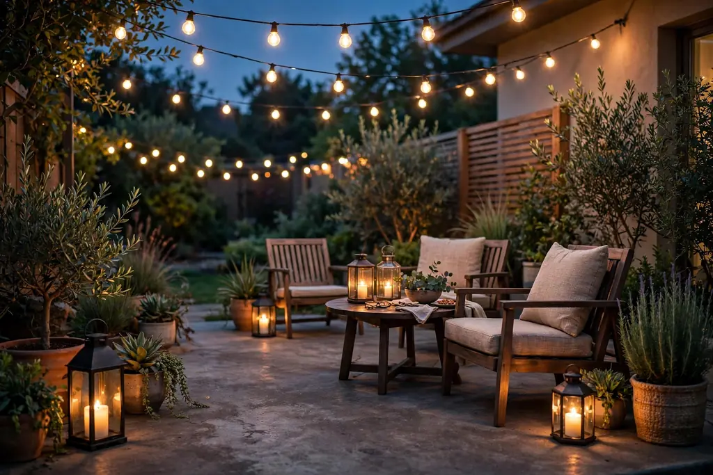 Concrete patio at dusk with warm string lights
