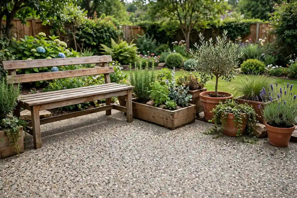 Exposed aggregate concrete patio with speckled stone surface