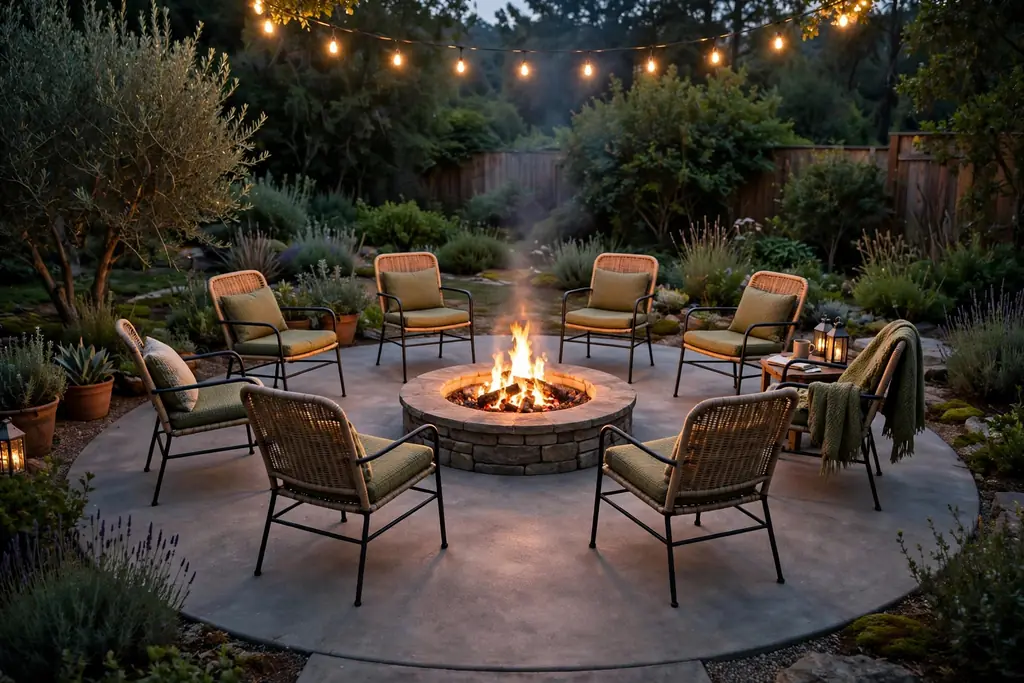 Round concrete patio with a central fire pit and chairs arranged in a circle.