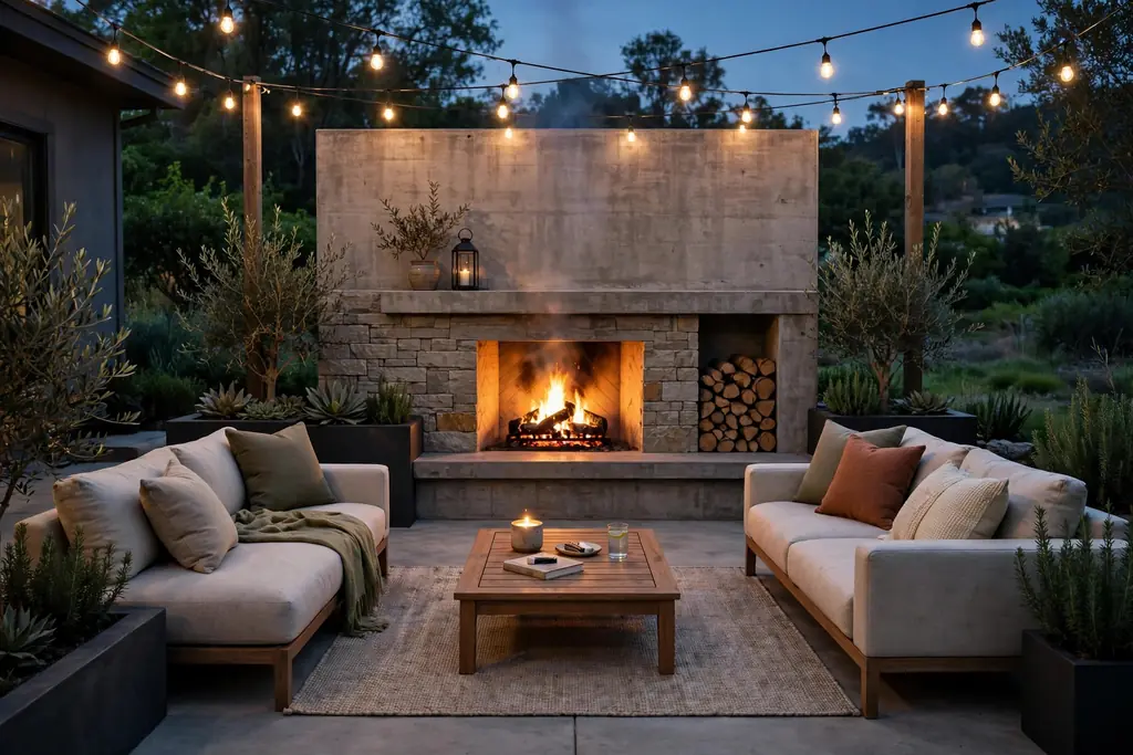 Concrete patio with an outdoor fireplace wall and sofas facing it in evening light.