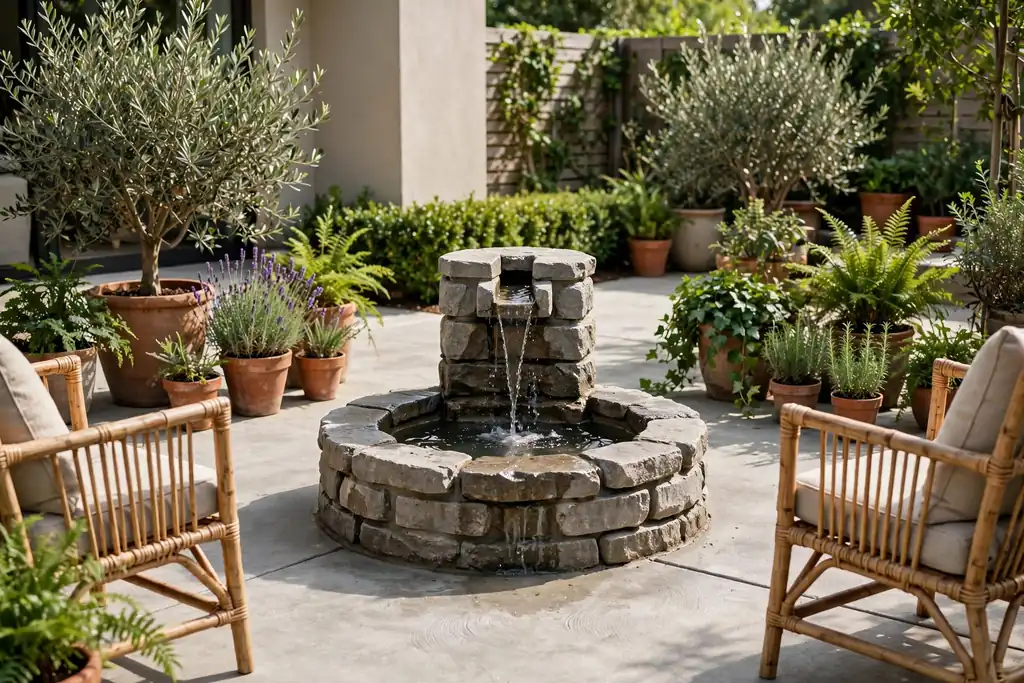 Concrete patio with a small stone fountain