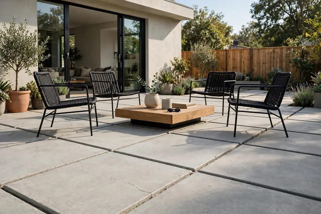 Concrete patio with a saw-cut geometric grid pattern of large squares and modern chairs.
