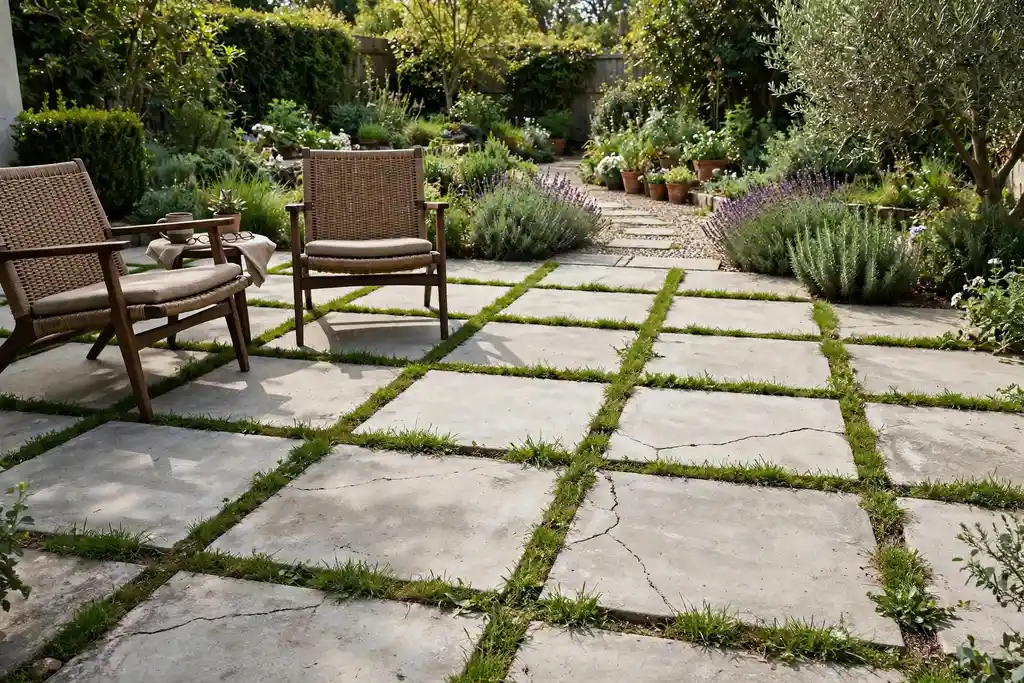 Large concrete patio slabs with strips of green grass growing in the joints.