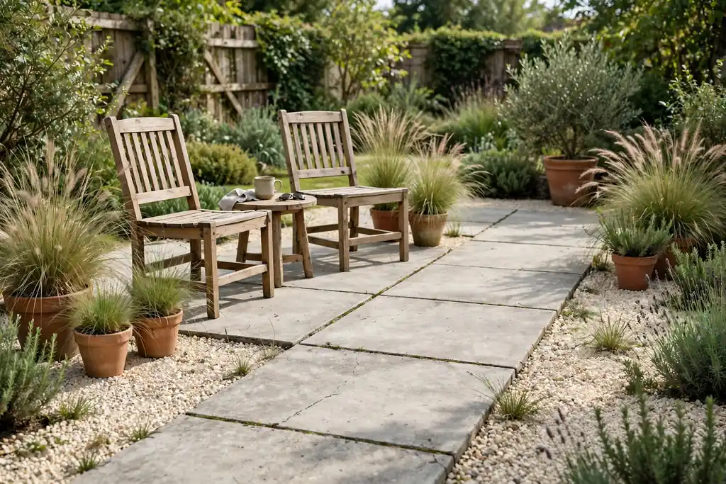 Concrete patio slabs combined with pale gravel areas