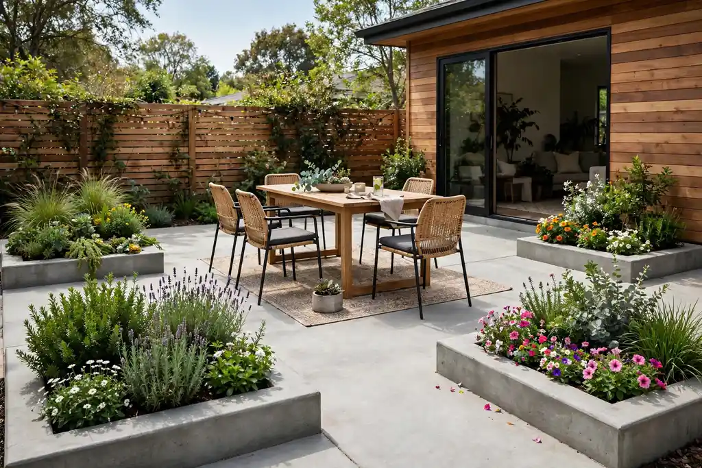 Concrete patio with square planters built into its corners filled with shrubs and flowers.