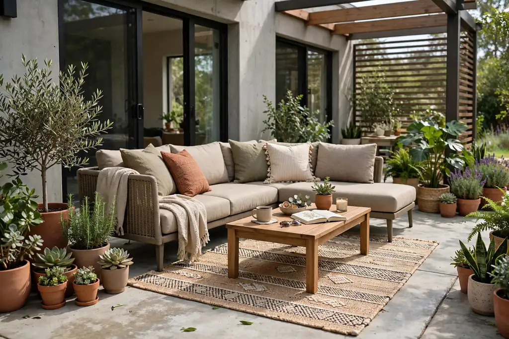 Concrete patio lounge zone with an outdoor sofa