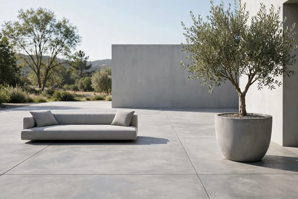 Minimalist modern concrete patio with plain grey concrete