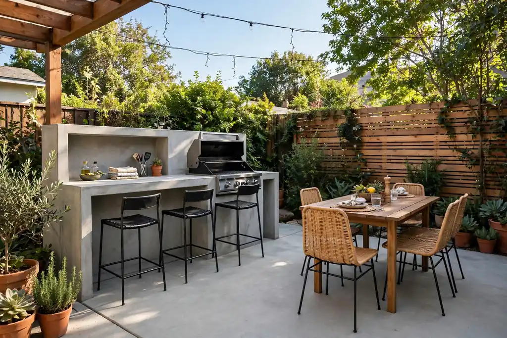 Concrete patio with an outdoor kitchen counter