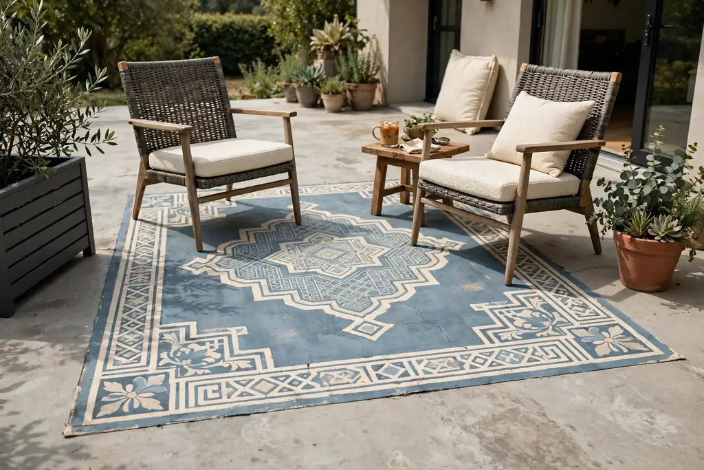Concrete patio with a large painted rug design in muted blue and cream under chairs.