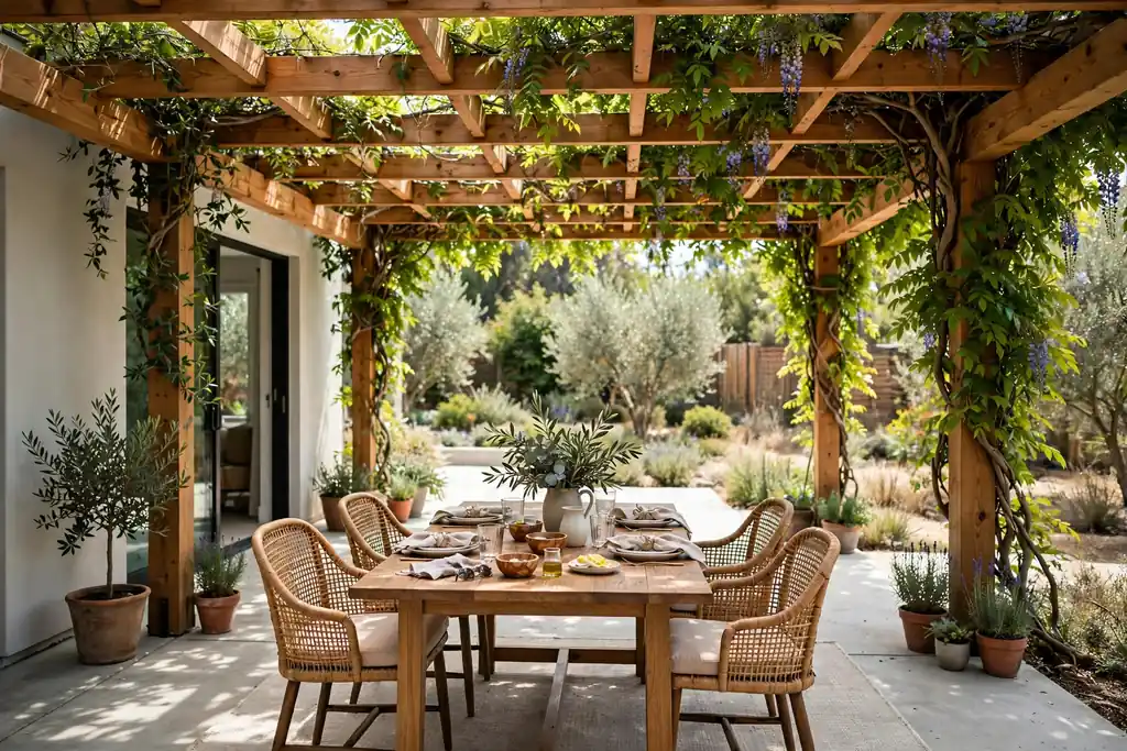 Concrete patio shaded by a wooden pergola with climbing plants and a dining table.
