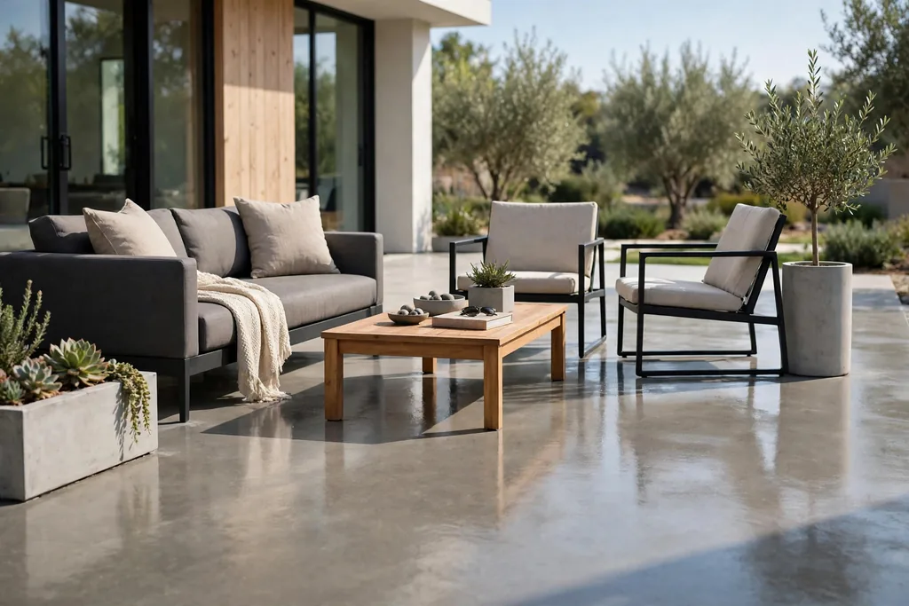 Smooth polished concrete patio with modern outdoor furniture and minimal planters.