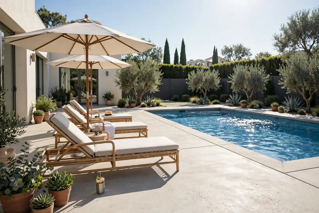 Poolside concrete patio with lounge chairs and umbrellas beside a swimming pool.