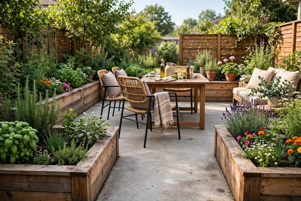 Concrete patio framed on the outer edge by raised wooden garden beds with herbs and flowers.