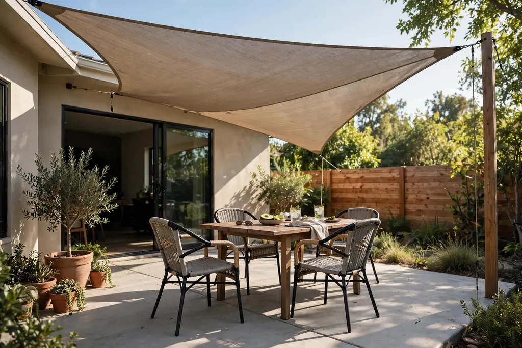 Concrete patio shaded by a large triangular shade sail over outdoor dining chairs.