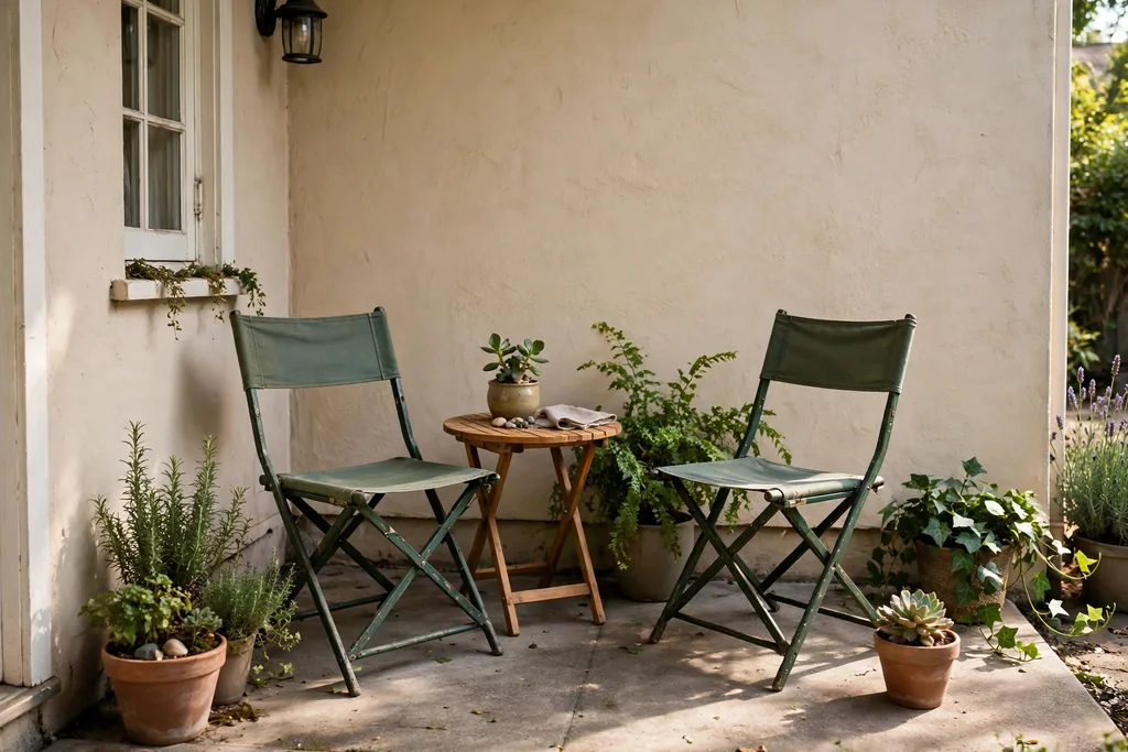 Small compact concrete patio with two folding chairs