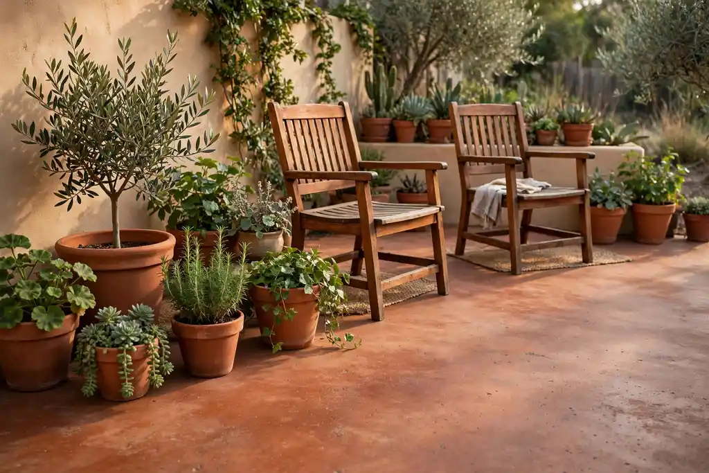 Warm terracotta stained concrete patio with terracotta pots and wooden chairs.