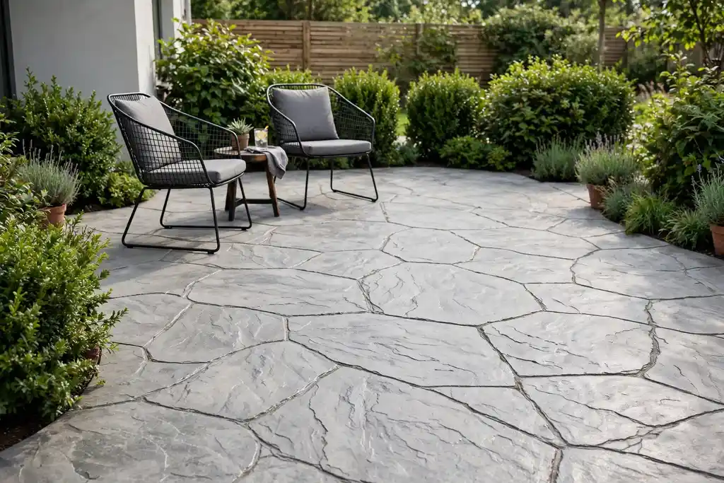 Stamped concrete patio patterned like large flagstones with garden chairs and shrubs.
