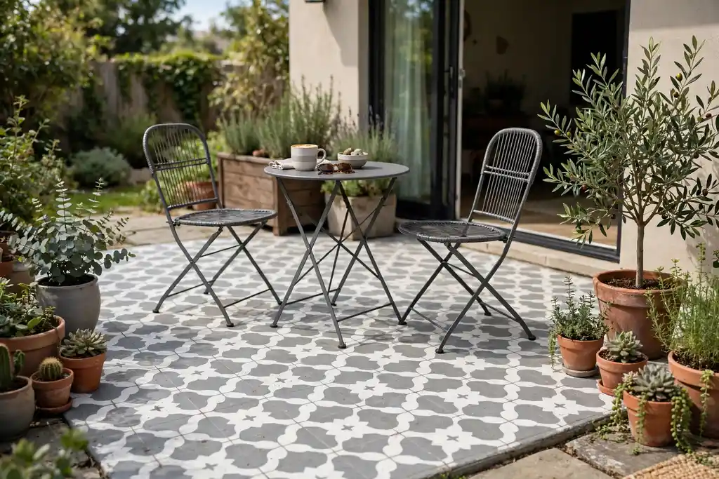 Concrete patio painted with a stenciled tile pattern in grey and white with bistro chairs.