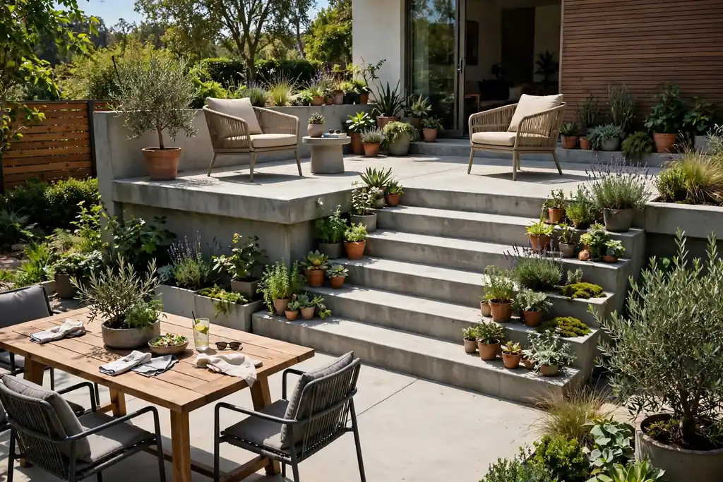 Two level stepped concrete patio with wide low steps