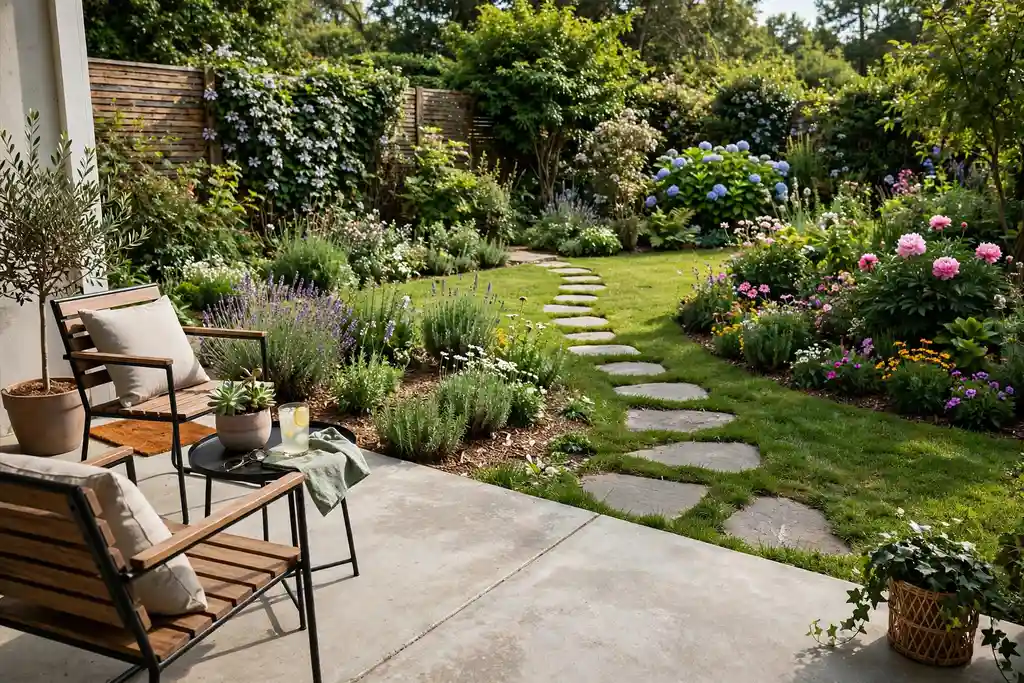 Concrete patio connected to a garden by stepping stones through grass and flower beds.