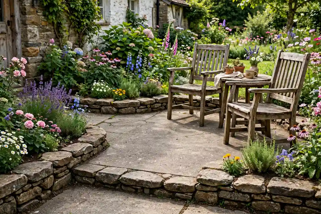 Rustic concrete patio edged with a natural stone border and cottage garden flowers.