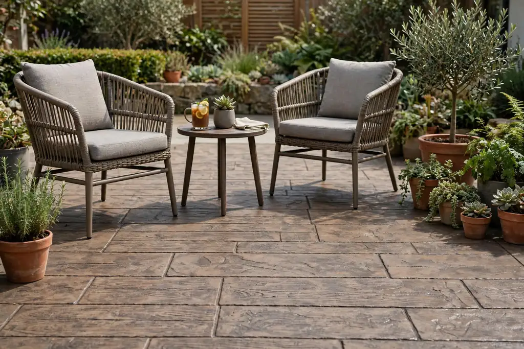 Stamped concrete patio patterned like wood planks with outdoor chairs and a table.