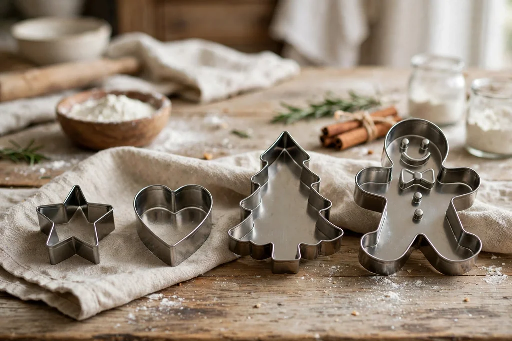 Metal cookie cutters in star, tree, and gingerbread shapes sorted by size on a table.