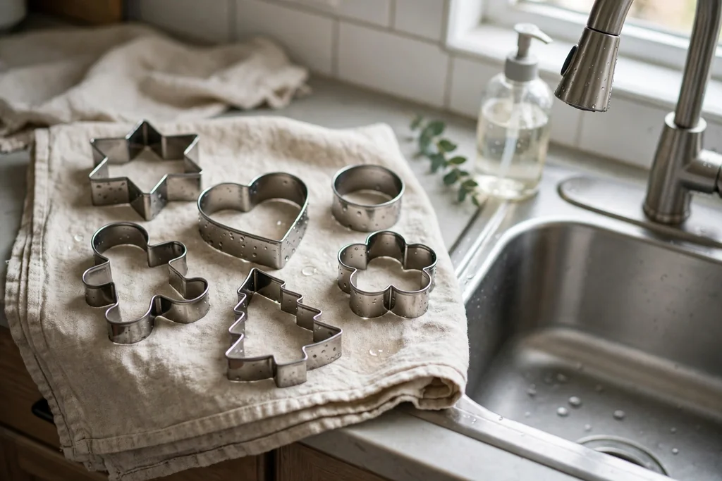 Clean metal cookie cutters drying on a towel beside a kitchen sink.