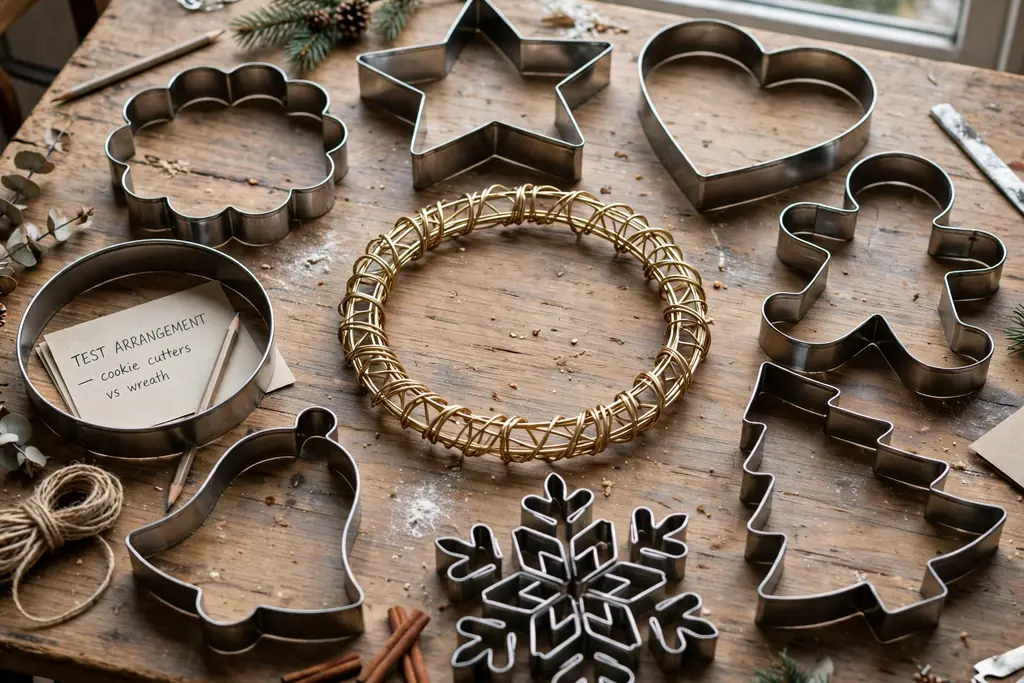 Wire wreath ring on a table with large cookie cutters laid out in a test arrangement.
