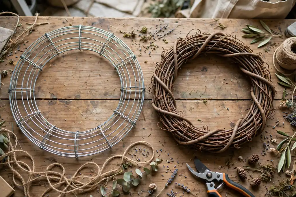 Wire wreath frame and grapevine ring side by side on a work table.