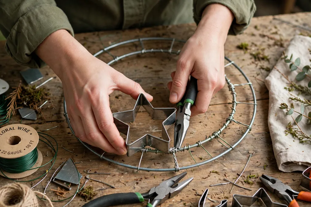 Hands wiring a metal star cookie cutter to a wreath ring with floral wire.