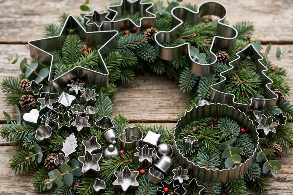 Wreath ring partly covered with large and small metal cookie cutters.
