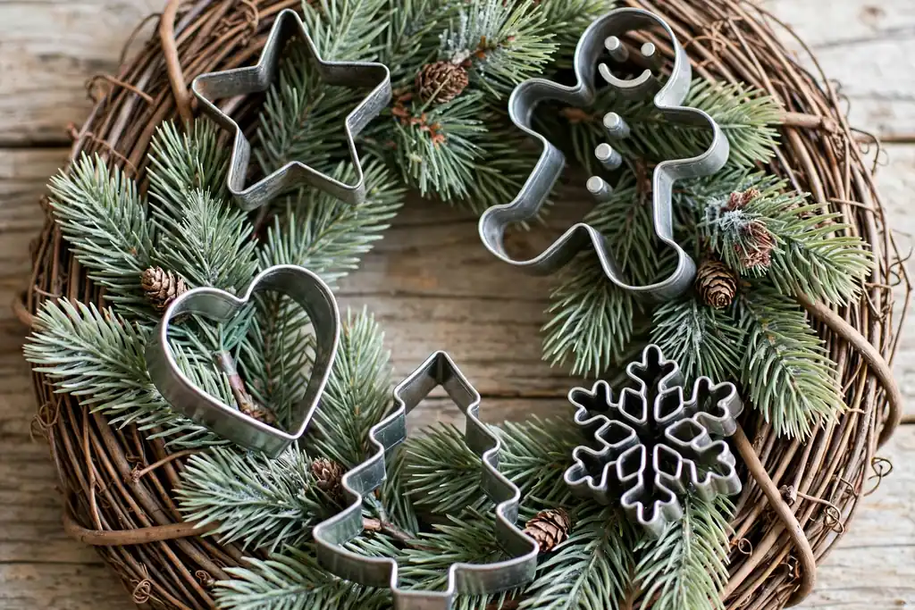 Faux pine sprigs tucked between metal cookie cutters on a wreath ring.