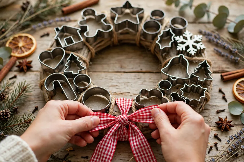 Red gingham bow tied onto the bottom of a cookie cutter wreath.