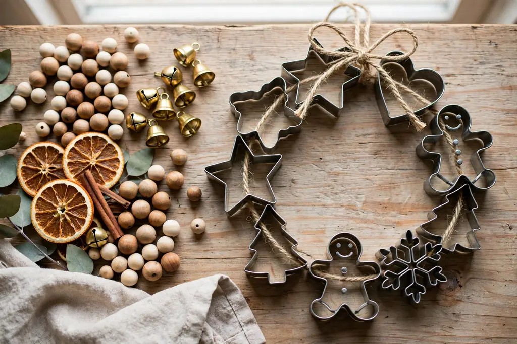 Wood beads, small bells, and dried orange slices arranged beside a cookie cutter wreath.