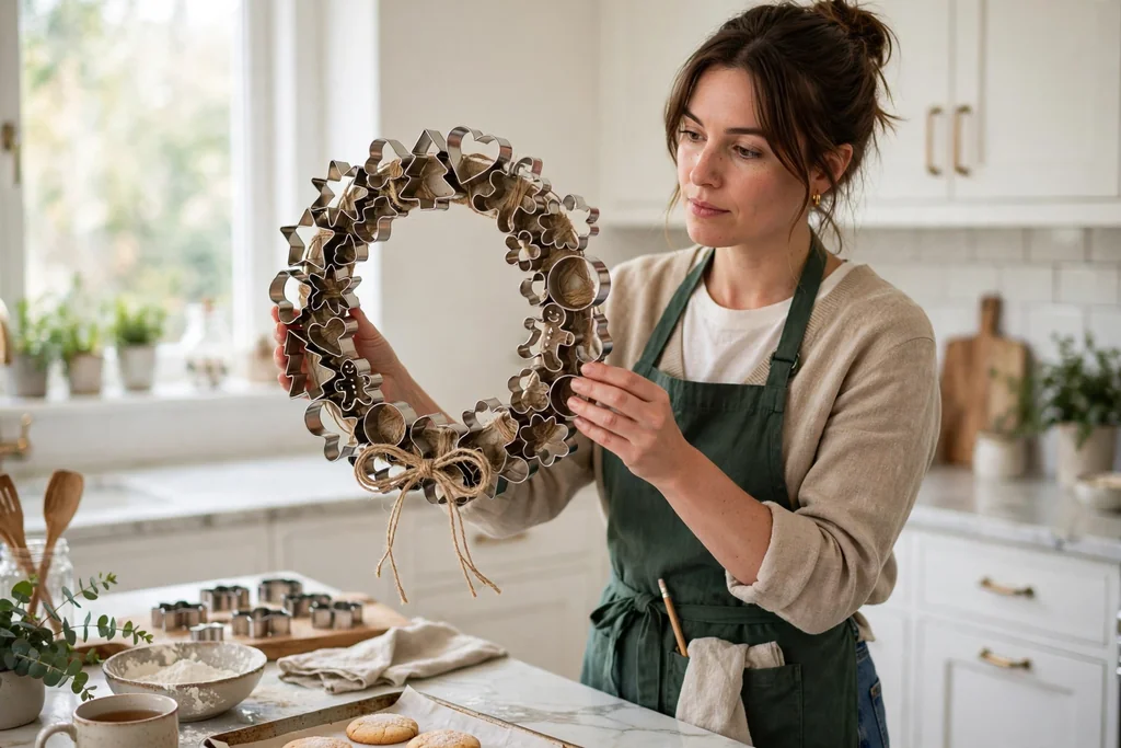 Person holding a cookie cutter wreath upright to check balance and spacing.