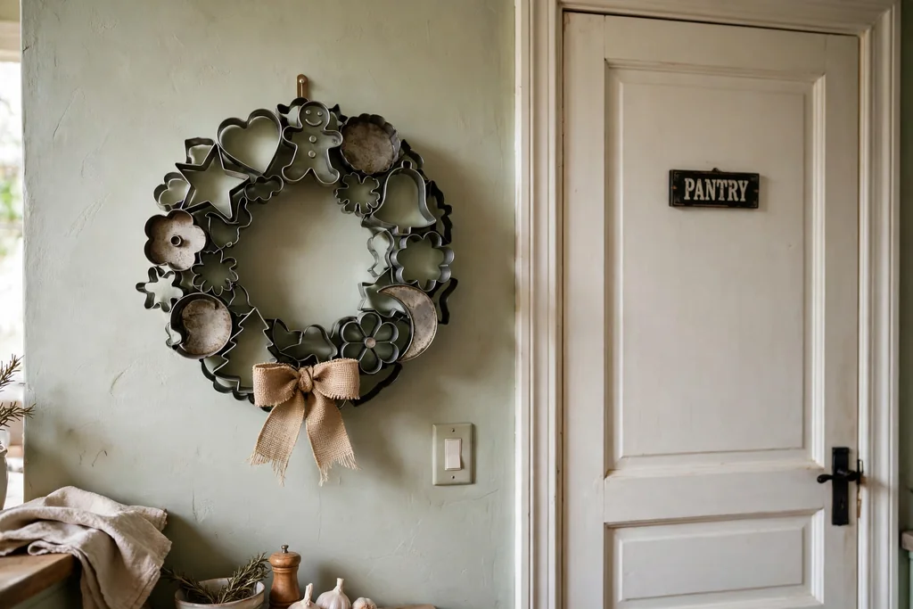 Cookie cutter wreath hanging on a kitchen wall beside a pantry door.