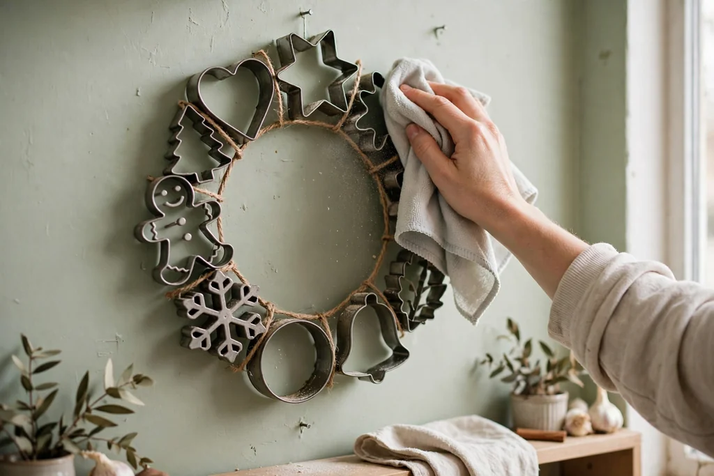 Hand dusting a cookie cutter wreath on a kitchen wall with a dry cloth.